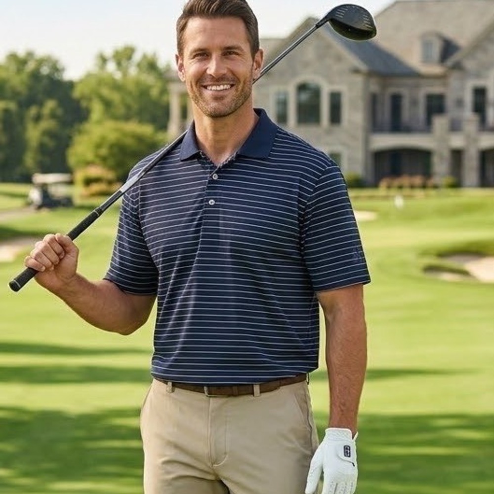 PGA Tour Golf Polo Shirt Mens XL Navy Blue Striped Short Sleeve